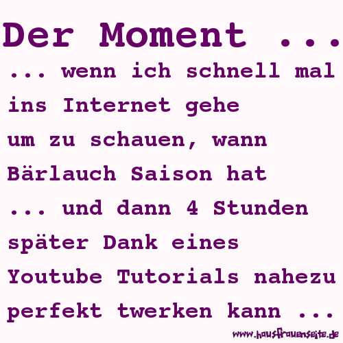 Der Moment ... wenn ich schnell mal ins Internet gehe um zu schauen, wann Brlauch Saison hat und dann 4 Stunden spter Dank eines Youtube Tutorials nahezu perfekt twerken kann